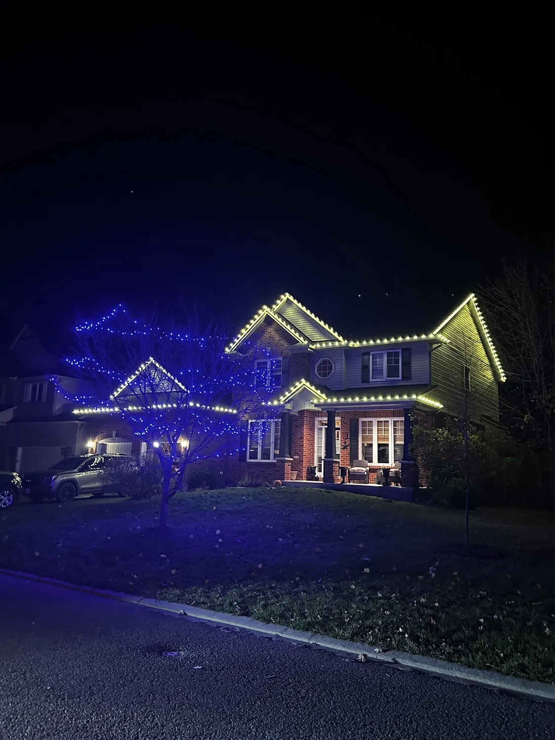 Home with blue and white holiday lights